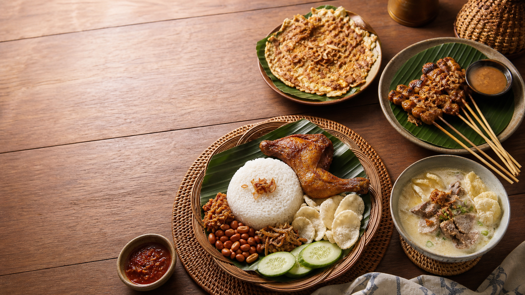 雅加达椰浆饭、沙爹、Soto Betawi 与 Kerak Telor 美食拼盘